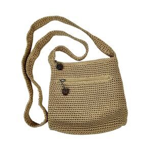 The Sak Crocheted Hobo Shoulder Purse Single Strap Zip Closure Tan Medium Bag